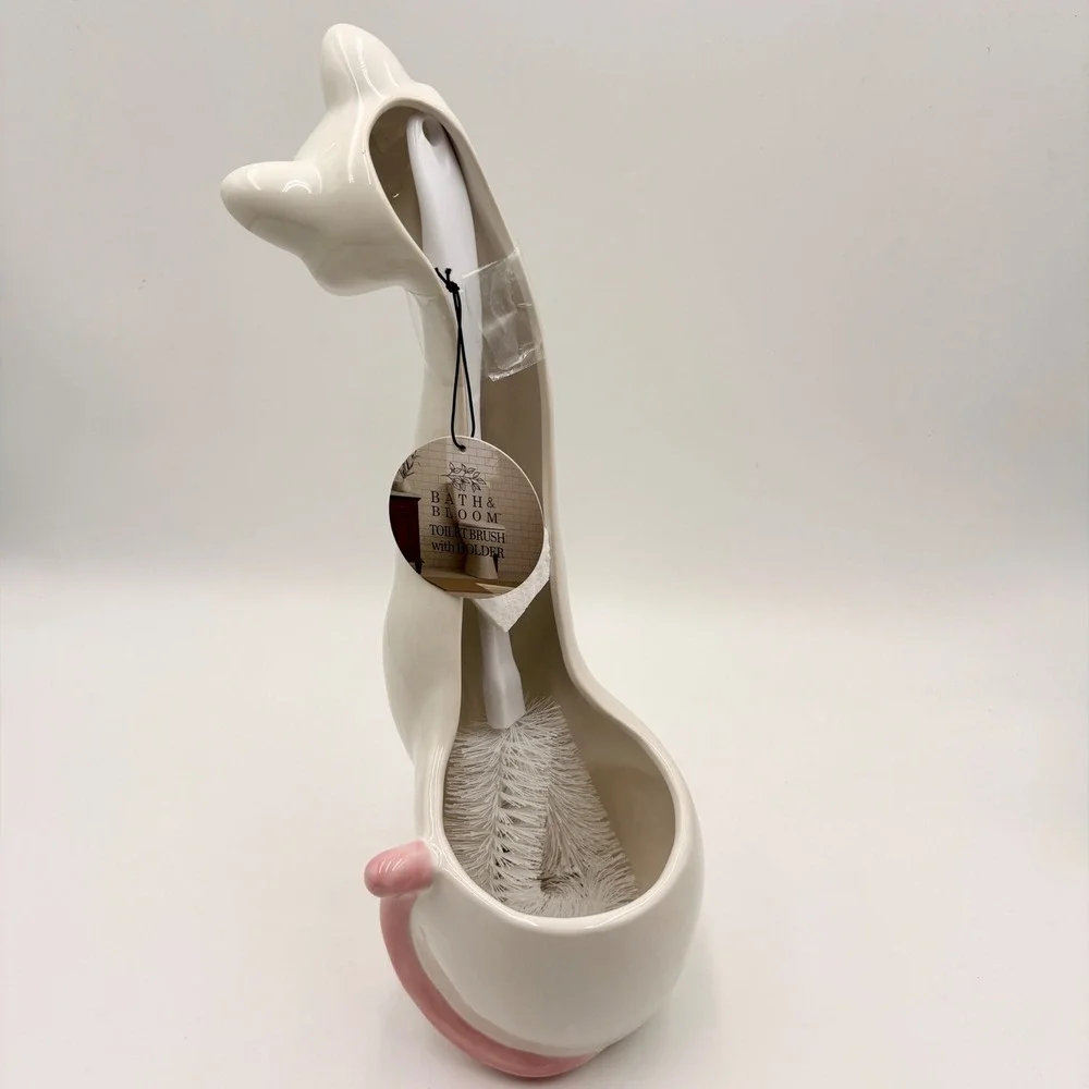 Bath & Bloom White Ceramic Long Neck Cat Toilet Brush Holder Pink Tail 17 Inch